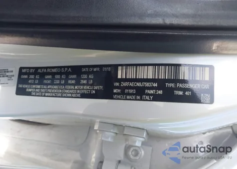 2018 Alfa Romeo Giulia Ti Sport Rwd z USA, uszkodzony, nr VIN ZARFAECN9J7583744